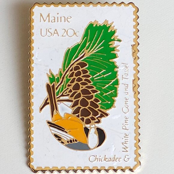 MAINE CHICKADEE & White Pine Cone and Tassel Vintage Postage Stamp PIN ENAMEL - Picture 1 of 2